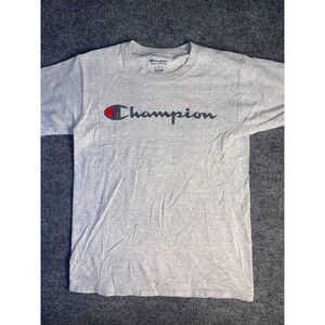 Champion Authentic Tee Shirt Mens Small Gray Loose Fit Rib Crew Neck Swoosh Logo